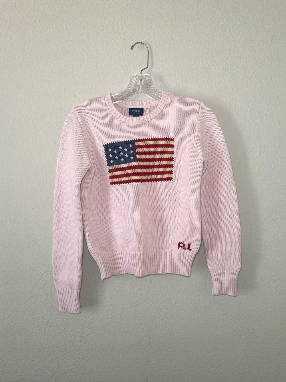 Polo Ralph Lauren USA Flag Pink Cotton Knit Pullover Sweater Size XL/16 Kids